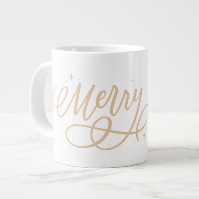 Gold Script Sparkly Bubbly Merry Holiday Gift Large Coffee Mug (Front Left)