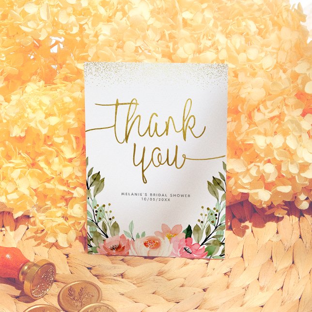 Gold Script Thank You | Pink Watercolor Floral  (Creator Uploaded)