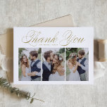 Gold Script Three Photo Collage Wedding Thank You Card<br><div class="desc">Gold Script Three Photo Collage Wedding Thank You Card | Send thanks to family and friends for being part of your special day with this customisable photo collage thank you card. It features gold elegant script and simple typography. Personalised by adding your own details and featuring your favourite wedding photos....</div>