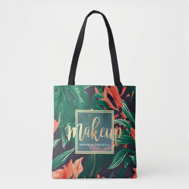 Gold Script & Tropical Floral Makeup Beauty Salon Tote Bag (Front)