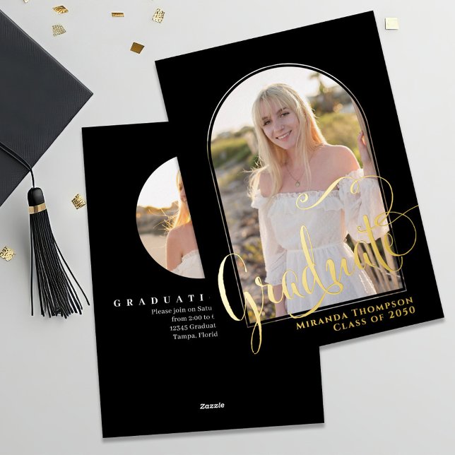 Gold Script Two Photo Graduation Announcement  (Graduation two photo template invitaiton announcement card.  )