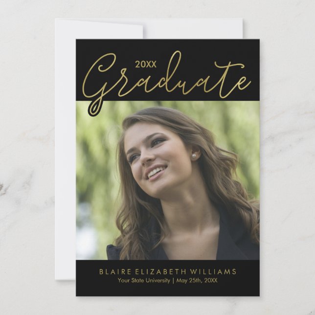 Gold Script Typography Graduation Announcements (Front)