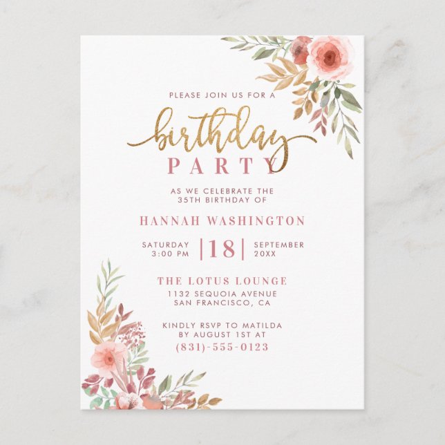 Gold Script & Watercolor Floral Birthday Party Invitation Postcard (Front)