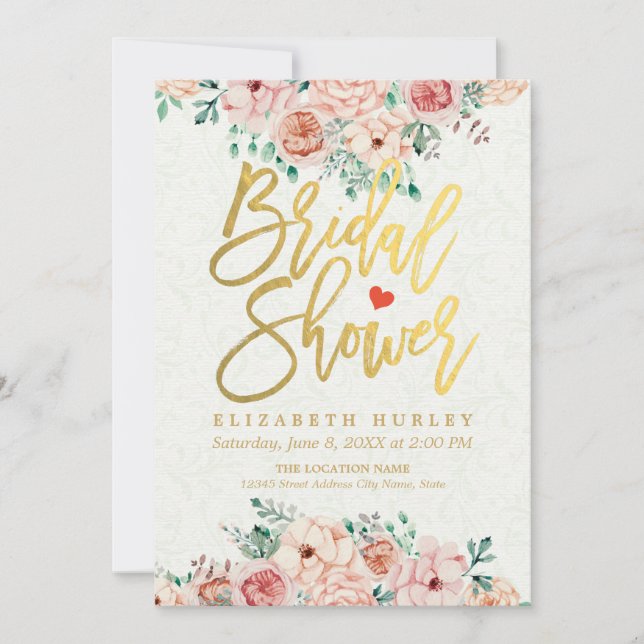 Gold Script Watercolor Floral Bridal Shower Invite (Front)