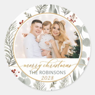 Gold Script Watercolor Foliage Photo Christmas  Classic Round Sticker