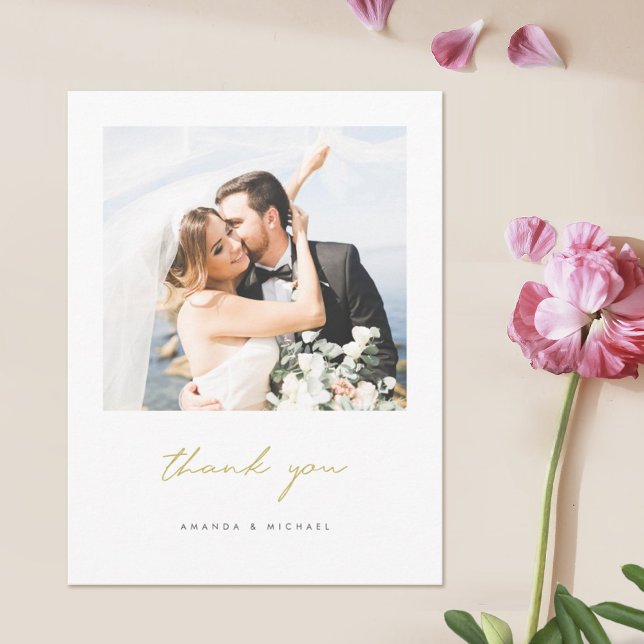 Gold Script Wedding Photo Thank You Postcard (Creator Uploaded)