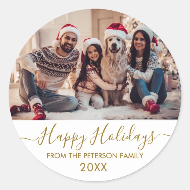 Gold Script White Family Photo Happy Holidays Classic Round Sticker (Front)