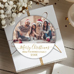 Gold Script White Family Photo Merry Christmas Classic Round Sticker<br><div class="desc">Elegant Modern Script Gold and White "Merry Christmas" Calligraphy Family Photo Holiday Large Round Sticker. Great for Mailing Accessories Envelope Seals and Gift Stickers.</div>