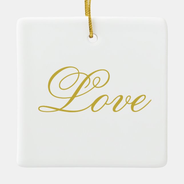 Gold Script White Red Love Wedding Calligraphy Ceramic Ornament (Front)