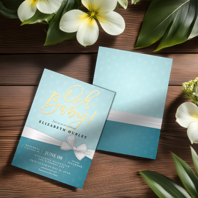 Gold Script White Ribbon Turquoise Baby Shower Invitation (Creator Uploaded)