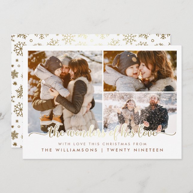 Gold Script Wonders Of His Love Christmas 3 Photo Invitation (Front/Back)