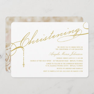 Gold Scripted Christening Cross Photo Religious Invitation
