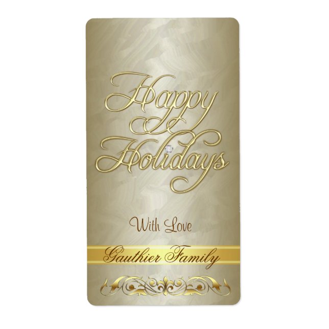 Gold Scroll Happy Holidays Wine Label (Front)