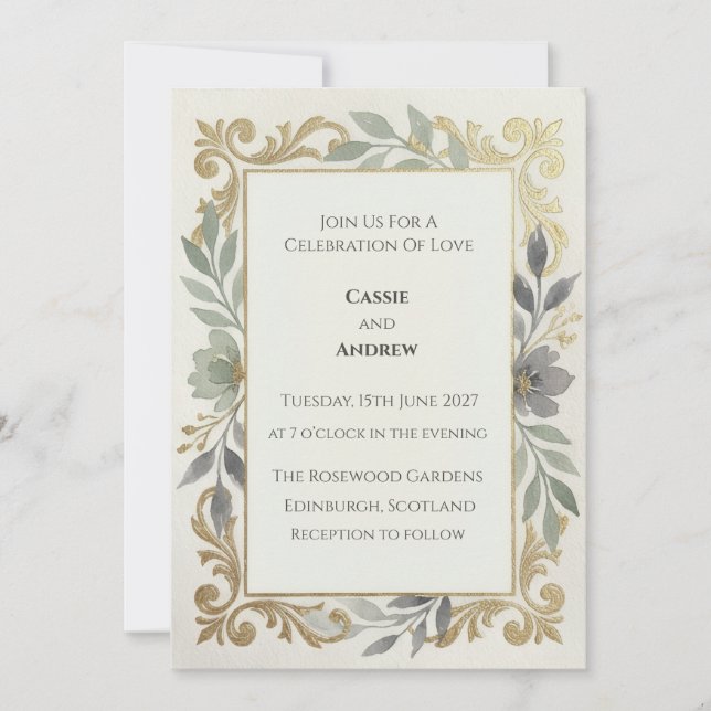Gold Scroll Sage Green Floral Wedding Invite (Front)