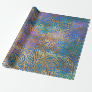 Gold Scroll Work on Purple, Pink, Blue Wrapping Paper