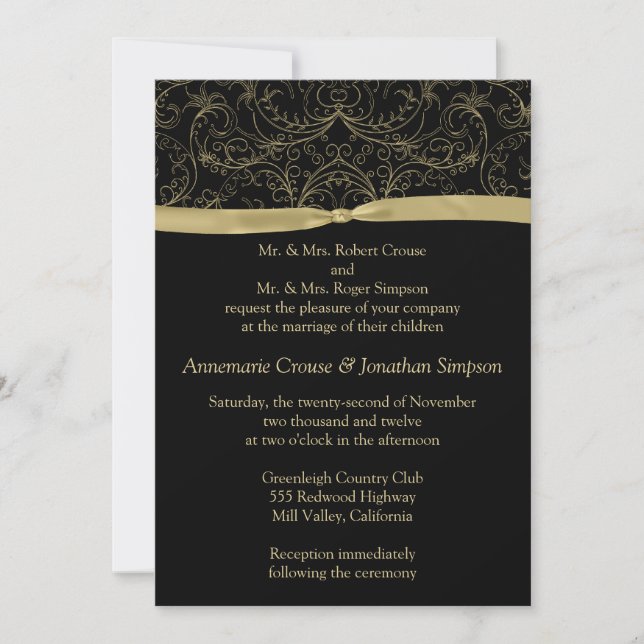 Gold Scrolls and Ribbon Wedding Invitation (Front)