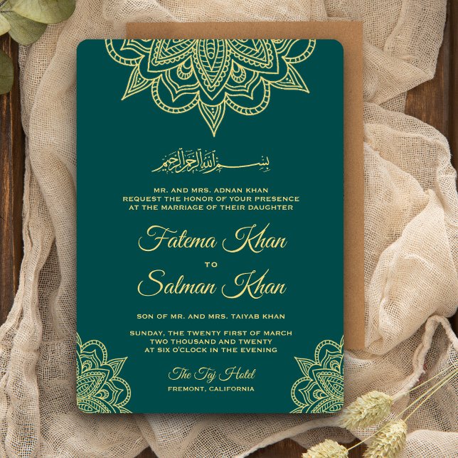 Gold Sea Green Henna Mehndi Islamic Wedding Invitation (Creator Uploaded)