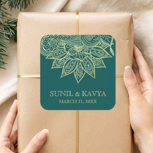 Gold Sea Green Mehendi Henna Indian Wedding Favour Square Sticker