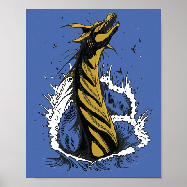 Gold Sea Monster Serpent Ocean Waves Poster (Front)