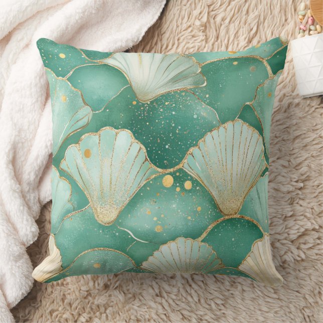 Gold Sea Shell Wave Pattern in Aqua Teal Cushion (Blanket)