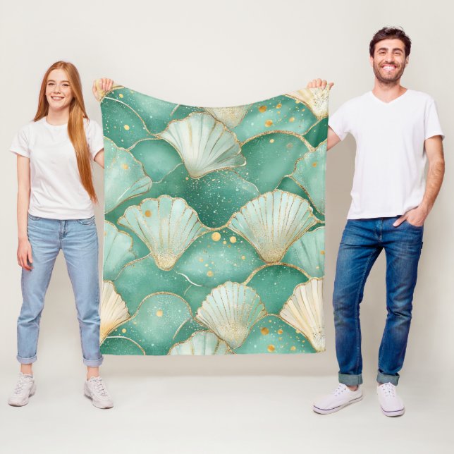 Gold Sea Shell Wave Pattern in Aqua Teal Fleece Blanket (In Situ)