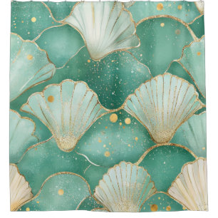 Gold Sea Shell Wave Pattern in Aqua Teal Shower Curtain