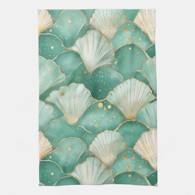 Gold Sea Shell Wave Pattern in Aqua Teal Tea Towel (Vertical)