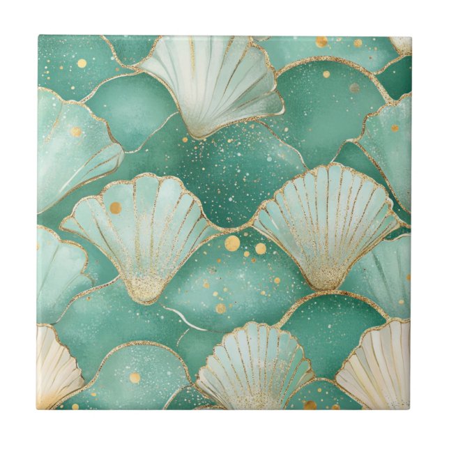 Gold Sea Shell Wave Pattern in Aqua Teal Tile (Front)