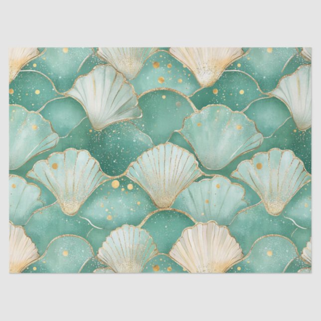 Gold Sea Shell Wave Pattern in Aqua Teal Tissue Paper (Front)