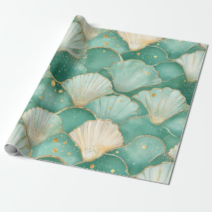 Gold Sea Shell Wave Pattern in Aqua Teal Wrapping Paper