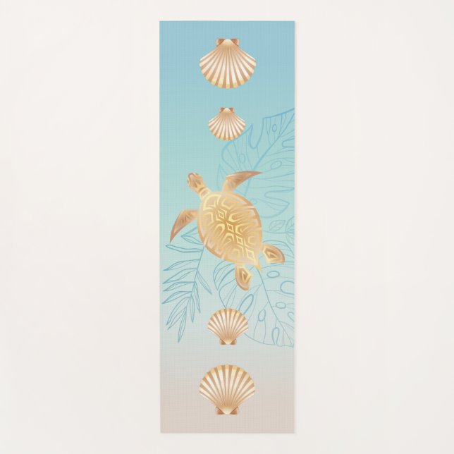 Gold Sea Turtle Tropical Leaves Coastal Yoga Mat (Front)
