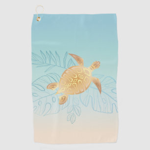 Gold Sea Turtle Tropical Leaves Golf Towel