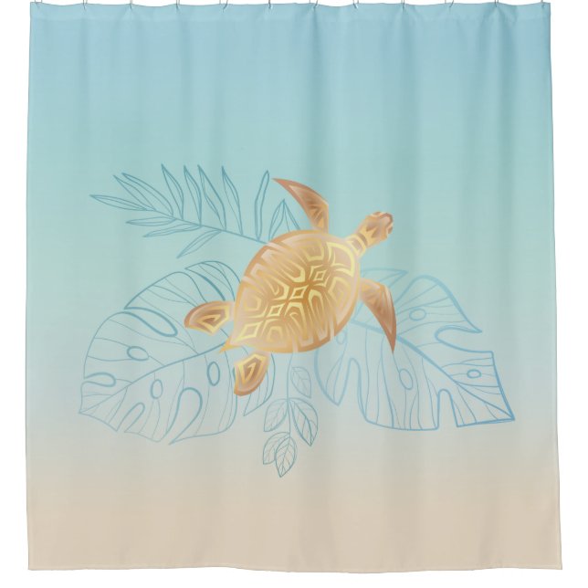 Gold Sea Turtle Tropical Leaves Shower Curtain (Front)