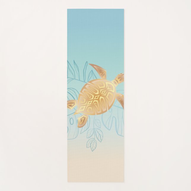 Gold Sea Turtle Tropical Leaves Yoga Mat (Front)