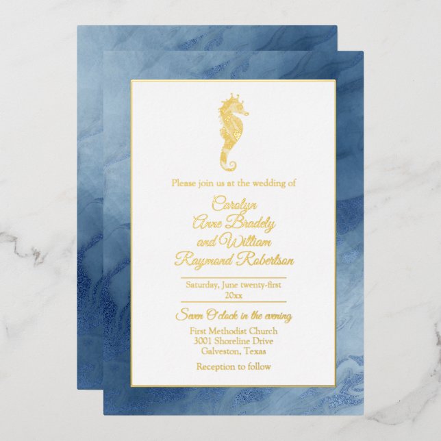Gold Seahorse with Blue Frame Wedding  (Front/Back)