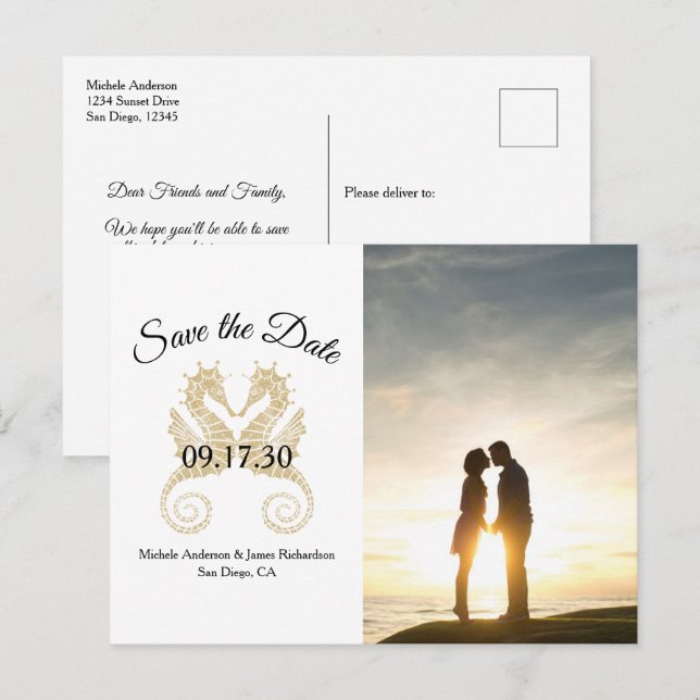 Gold Seahorses Tropical Wedding Save Date Photo Announcement Postcard (Front/Back)