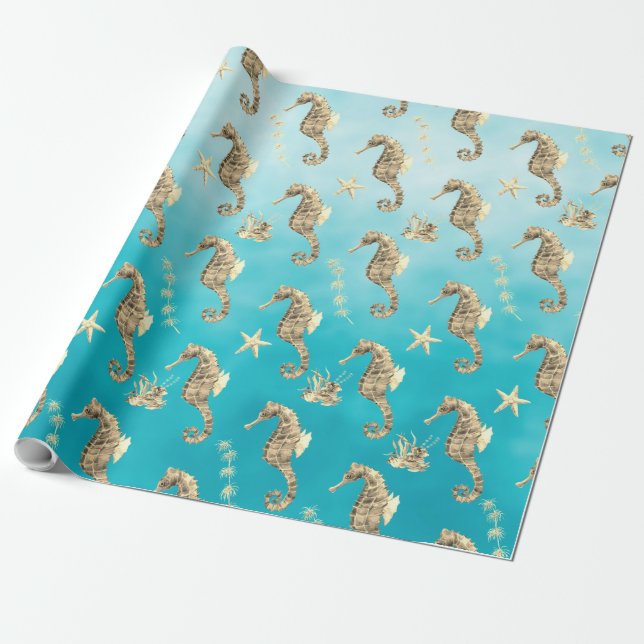 Gold Seahorses Under The Caribbean Deep Blue Sea Wrapping Paper (Unrolled)