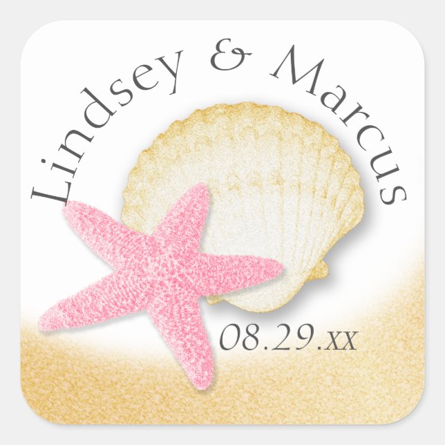 Gold Seashell and Pink Starfish Sparkle Beach Square Sticker (Front)