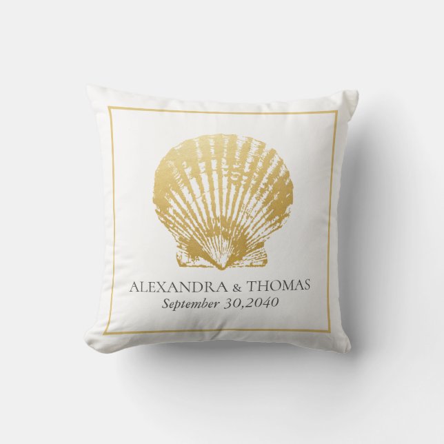 Gold Seashell Beach Wedding Date Keepsake Cushion (Front)