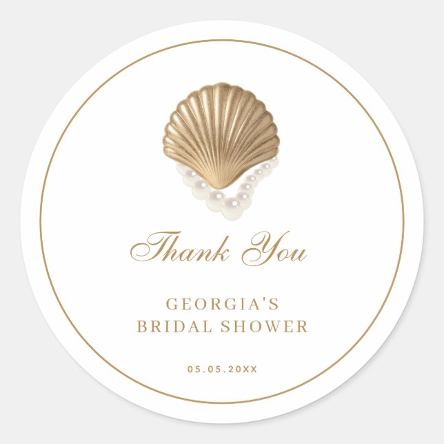 Gold Seashell Coastal Bridal Shower Thank You Classic Round Sticker (Front)