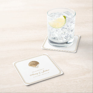 Gold Seashell Coastal Wedding Drink Square Paper Coaster