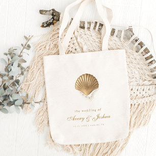 Gold Seashell Custom Coastal Wedding Favor Tote Bag