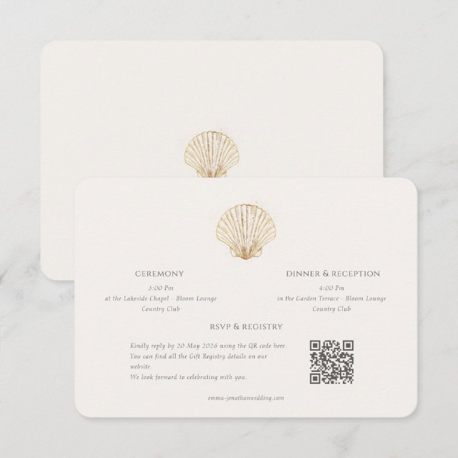 Gold Seashell information Qr Code Details Wedding Enclosure Card (Front/Back)