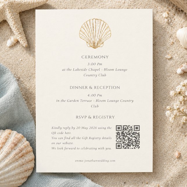 Gold Seashell information Qr Code Details Wedding Enclosure Card (Gold Seashell information Qr Code Details Wedding Enclosure Card)