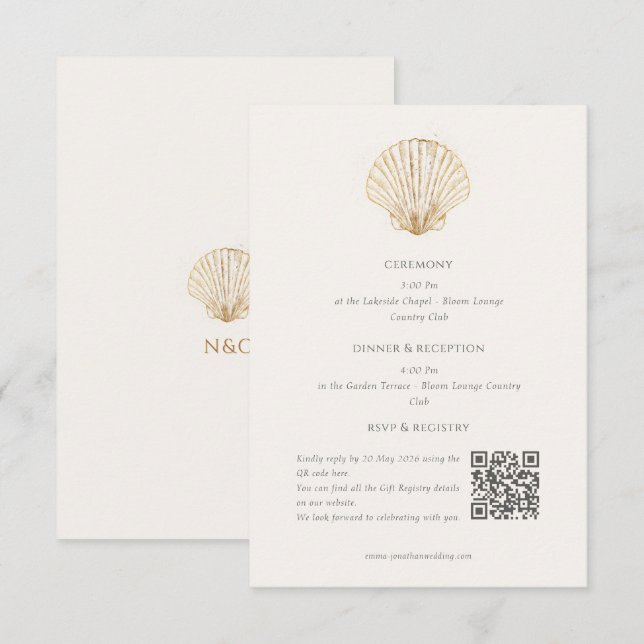 Gold Seashell information Qr Code Details Wedding Enclosure Card (Front/Back)