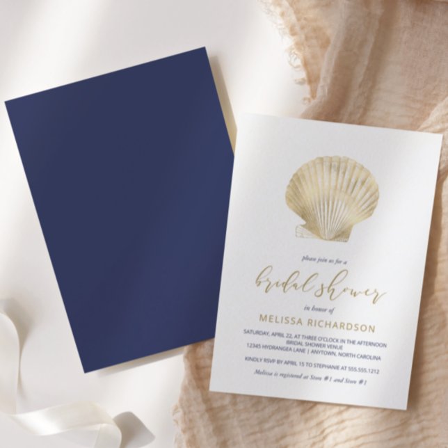 Gold Seashell Navy Blue Beach Bridal Shower Invitation (Creator Uploaded)