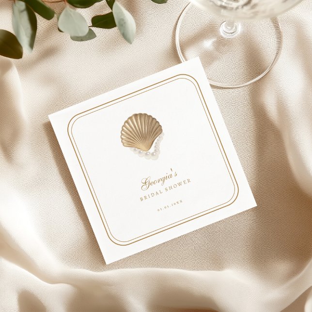 Gold Seashell & Pearls Coastal Bridal Shower Napkin (Creator Uploaded)
