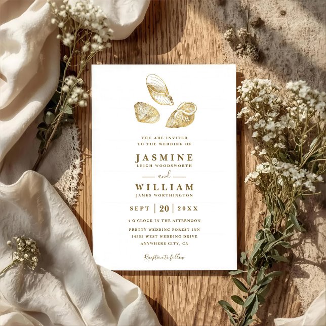 Gold Seashells Minimalist Elegant QR Code Wedding Invitation (Creator Uploaded)