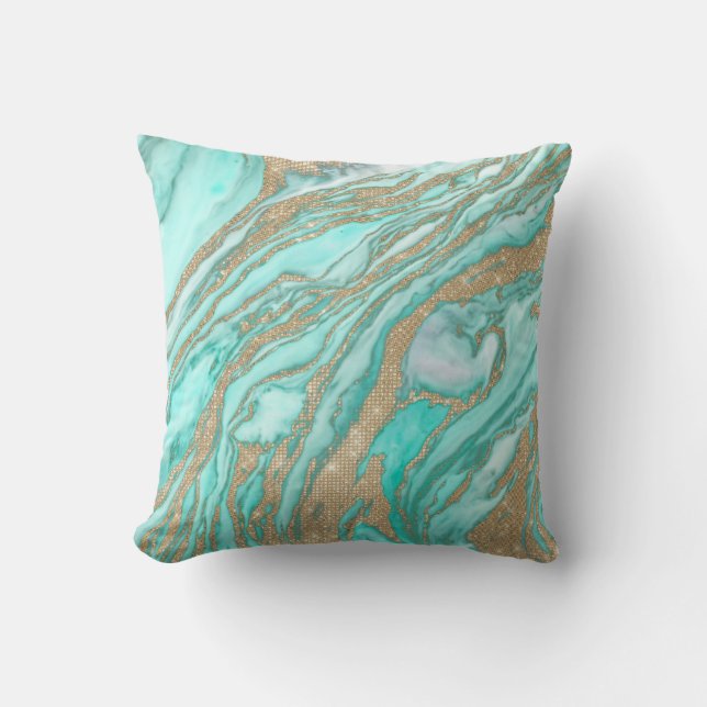 Gold Sequin Glitter Teal Smoky Marble Cushion (Front)