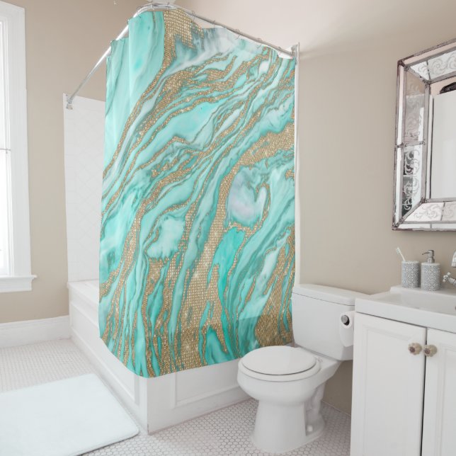 Gold Sequin Glitter Teal Smoky Marble Shower Curtain (In Situ)